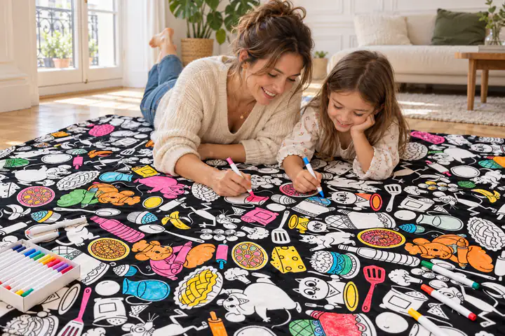 Une mère et sa fille colorient au feutre une couverture à colorier motif chat et souris, étalée sur le parquet du salon