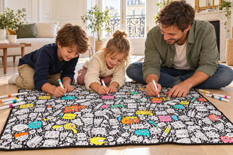 Un frère et sa petite sœur colorient une couverture motif petits monstres sur le parquet, leur père colorie un coin avec eux