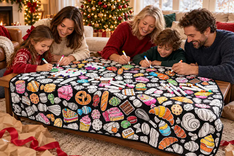 Une famille réunie autour d'une table basse colorie une couverture motif boulangerie, papier cadeau ouvert au pied du sapin
