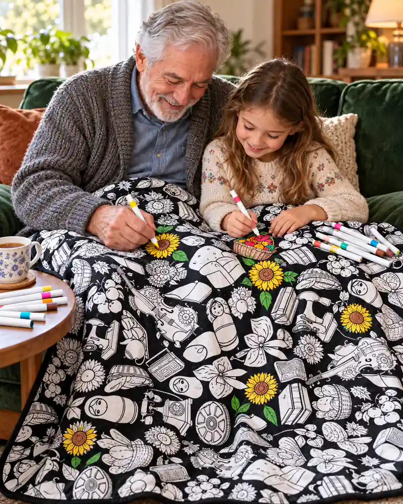 Un grand-père et sa petite-fille colorient une couverture motif marché de campagne posée sur leurs genoux, sur un canapé vert