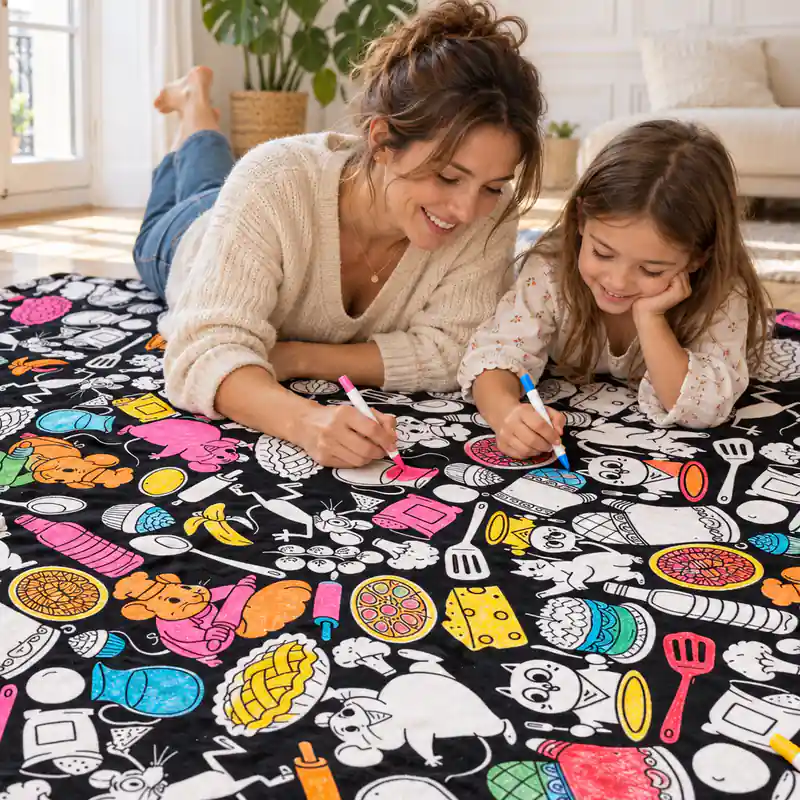 Une mère et sa fille colorient la couverture étalée sur le parquet