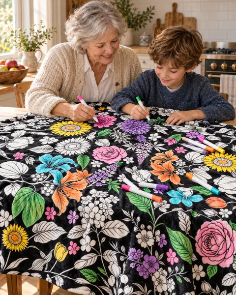Une grand-mère et son petit-fils colorient ensemble une couverture motif grandes fleurs sur la table de la cuisine