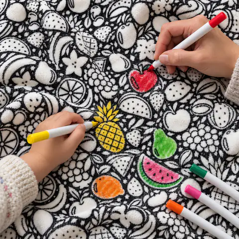 Une main d'adulte et une main d'enfant colorient les fruits de la couverture au feutre