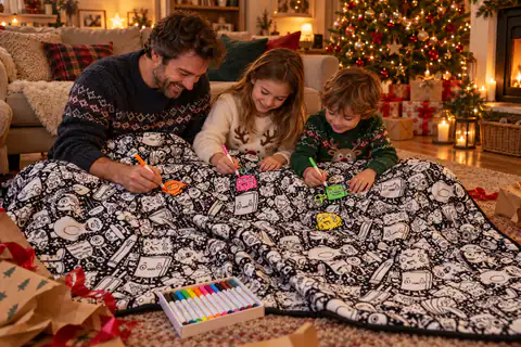Un père et ses deux enfants déballent et commencent à colorier une couverture motif petits monstres au pied du sapin